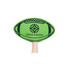 A green foam mitt shaped like a rugby ball, held by a hand, featuring a logo and graphic design.