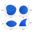 A collection of blue foam mitt shapes with various dimensions displayed on a white background.