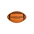 An orange foam mitt shaped like a rugby ball, featuring a black outline and a logo.