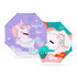 A children's reversible folding umbrella featuring a unicorn design in purple and a colourful pattern on the opposite side.