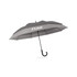 A grey expandable golf umbrella with a hook handle, featuring a logo on the canopy.