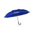 A blue expandable golf umbrella with a hook handle and branding on the canopy.