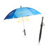 A blue and black umbrella features a fan and a logo, designed for promotional purposes.