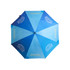 A blue umbrella featuring a fan, with a logo on its surface. The design includes light blue sections.
