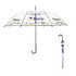 A transparent, eight-panel umbrella with a black frame and a curved handle, featuring a logo.