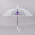 A transparent eight-panel umbrella with a white handle and a branding logo on the canopy.