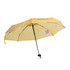 A yellow mini folding umbrella featuring various abstract patterns and a black handle, with a logo design.