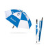 A blue and white sports umbrella with a logo, featuring a curved handle and a matching sleeve.