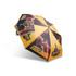 A folding umbrella featuring a bold yellow and black design with themed graphics and a logo.