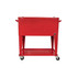 A red 75L cooler box trolley with a wheeled base and two handles for easy mobility. It features a large storage compartment.