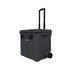 A grey cooler box with wheels and a retractable handle, featuring a logo on the front.