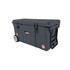 A dark grey cooler box with wheels, featuring a sturdy lid and handles, and including a logo.