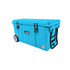 A bright blue 75L cooler box with wheels and a black handle, featuring a logo on the front.