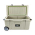 A 75L cooler box with wheels in a light beige colour, featuring a green seal and a logo on the side.