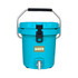 A turquoise ice bucket with a silver faucet and black handle, featuring a logo on the front.