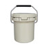 An ice bucket in cream colour with a stainless steel handle and a tight-sealing lid. It has a logo on the surface.