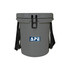 A grey ice bucket with a secure lid, featuring a handy rope handle and a logo on the front.