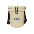 A 15L ice bucket in a cream colour featuring a black strap and a logo on the front.