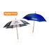An RPET umbrella featuring a straight handle, one side in blue with a logo, the other in white with a different design.