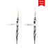 A RPET umbrella with a straight handle in a navy and white striped design, featuring a wooden handle and securing strap.