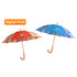 Two RPET wooden umbrellas with curved handles, one in red and the other in blue, featuring colourful designs and a logo.