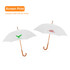 Two white umbrellas with curved wooden handles, featuring logos in green and red. Both have a curved hook handle.
