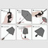 Instructions for a triple folding RPET umbrella in grey, illustrating the open/close mechanism and folding process.