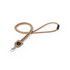 A cork lanyard in natural shades, featuring a metal clip and a small logo on the attachment end.