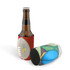 A drink bottle is held in a red and multi-coloured ball-shaped stubby holder with a logo.