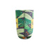 A reversible foldable stubby holder in green with a leaf pattern and yellow accents, featuring a logo.