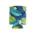 A drink bottle holder featuring a vibrant tropical leaf and flower design in green and blue, with a logo.