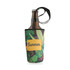 A drink bottle holder with a lanyard in green and yellow, featuring a tropical leaf design and a logo.