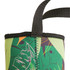 A drink bottle holder in green with a tropical leaf design and a black lanyard for carrying.