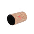 A cork stubby holder with a black base, featuring a small logo in red. The holder has a textured cork exterior.