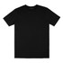 A black unisex T-shirt featuring a round neckline and short sleeves, with a logo on the label.