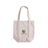 A beige heavy-duty cotton tote bag with long handles and a printed logo on the front pocket.