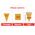 Yellow custom paper pennant string flags in triangle and square shapes, with options for custom shapes.