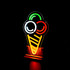 A neon LED sign in the shape of an ice cream cone with red, green, and white colours against a dark background.