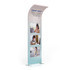 A curved fabric banner stand featuring images of children using headsets, with a gradient blue and white design.