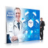 A backlit LED light box display featuring a blue and white design with medical graphics and two figures, one in a doctor's coat.