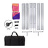 A backlit LED light box display kit with fabric graphics, frames, cables, and a carrying bag in black.