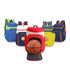A collection of colourful basketball backpacks in red, blue, green, yellow, and white, featuring basketballs in some designs.