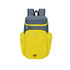 A backpack featuring a grey upper section and bright yellow lower section with multiple zippered pockets and branding.