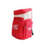 A red and white backpack with multiple compartments and a logo, designed for carrying sports gear.