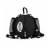 A black backpack with a rounded design, featuring mesh side pockets and a logo on the front.
