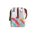 A waterproof RPET cooler bag in white with colourful stripes and a brown handle, featuring a logo.