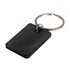 A rectangle stainless steel keytag with a sleek black finish and a metal keyring attached.