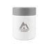 A white food container with a grey lid, featuring a logo with mountain graphics.