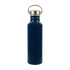A drink bottle made of recycled aluminum with a navy blue finish and a wooden cork lid.