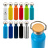 A drink bottle collection featuring various colours including blue, black, green, orange, yellow, and silver, with metal caps and one wooden lid.